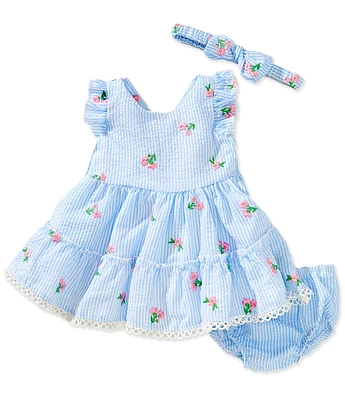 Rare Editions Baby Girls Flutter-Sleeve Floral-Embroidered Striped Fit & Flare Dress