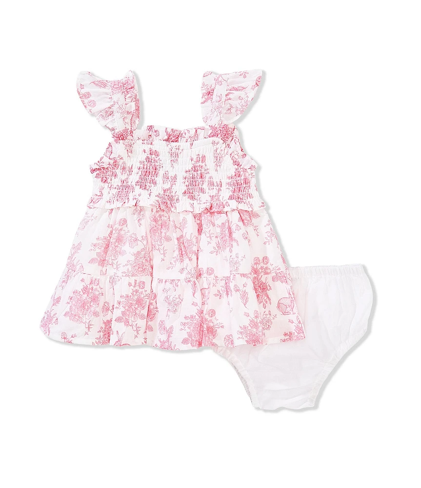 Rare Editions Baby Girls Flutter-Sleeve Floral/Bunny Toile-Pattern Fit-And-Flare Dress