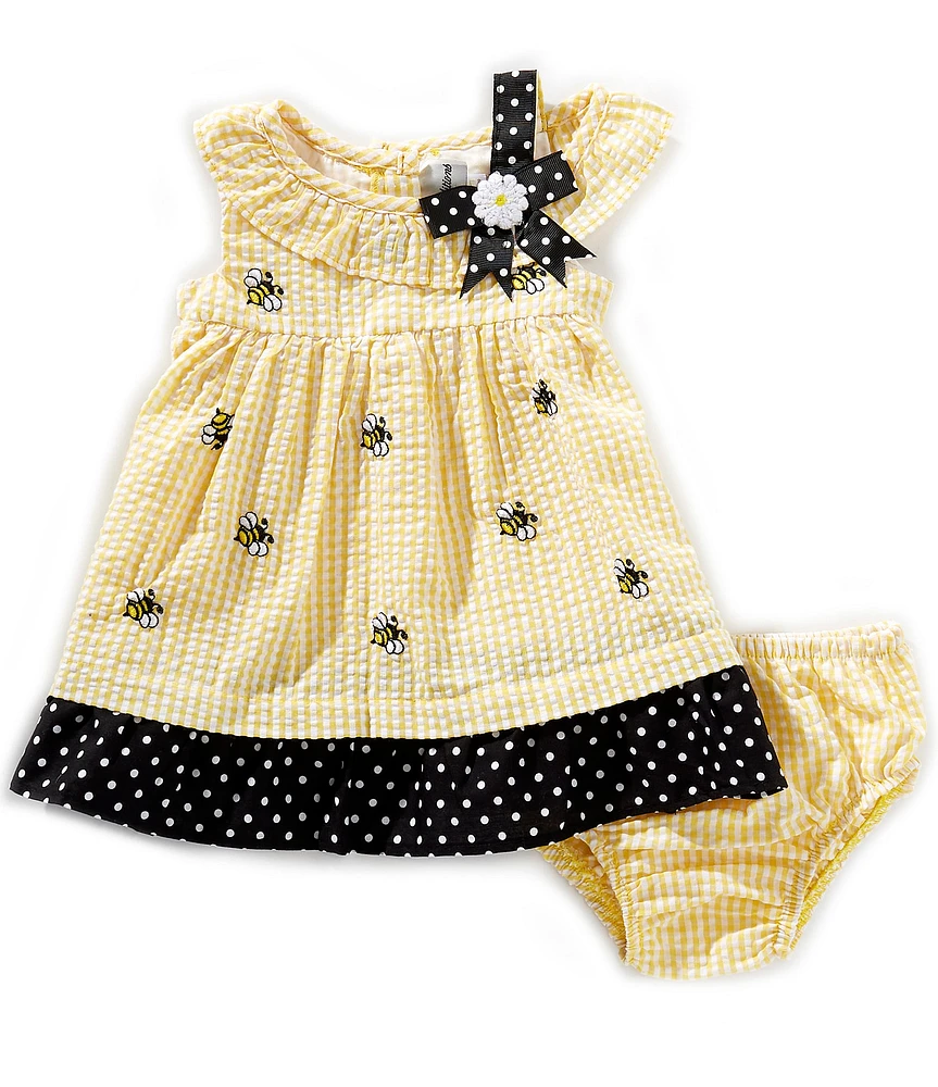 Rare Editions Baby Girls One-Shoulder Bumblebee-Appliqued Gingham Seersucker Fit-And-Flare Dress