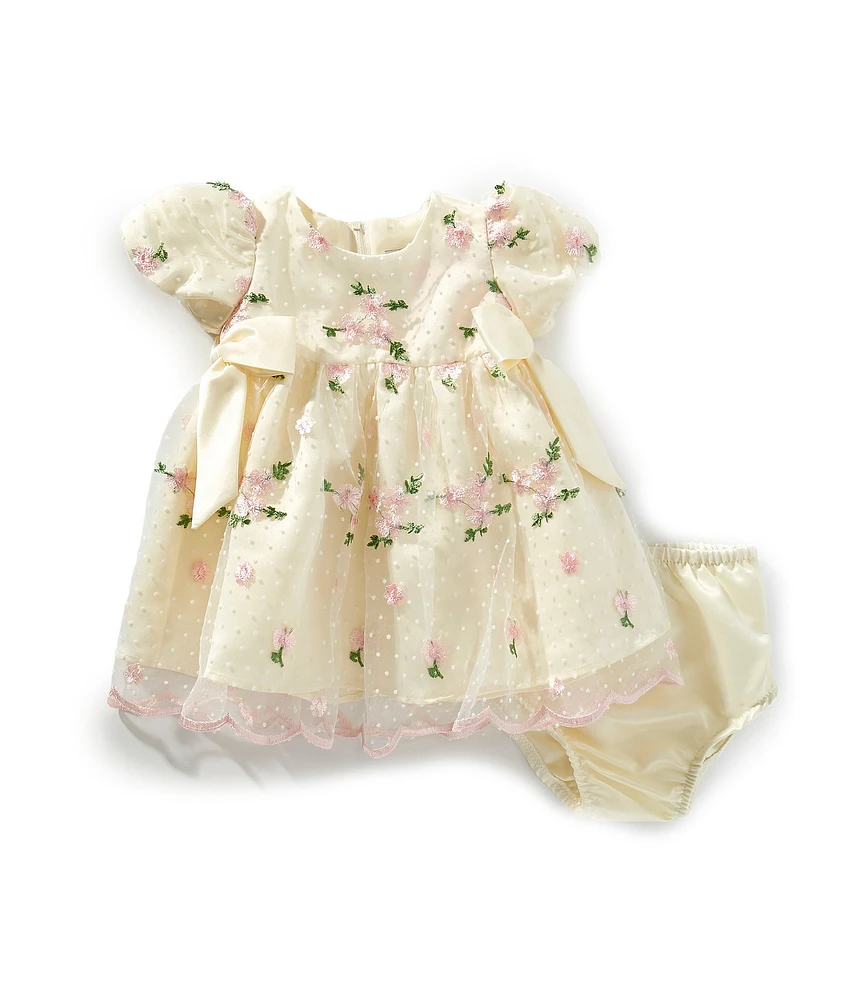 Rare Editions Baby Girls Puffed-Sleeve Dotted/Floral-Embroidered Mesh Fit & Flare Dress