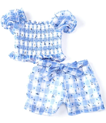 Rare Editions Baby Girls Puffed-Sleeve Gingham-Checked/Daisy-Embroidered Top & Matching Shorts Set