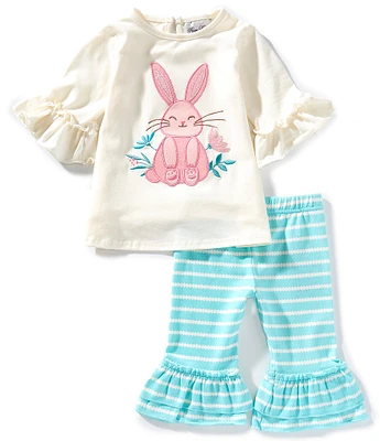 Rare Editions Baby Girls Ruffle-Sleeve Easter Bunny Appliqued Top & Striped Leggings Set