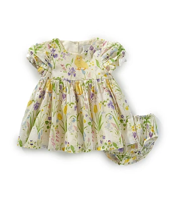 Rare Editions Baby Girls Short Sleeve Easter Bunny/Floral Printed Fit & Flare Dress