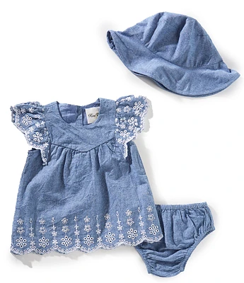 Rare Editions Baby Girls Short Sleeve Eyelet-Embroidered Chambray Empire-Waist Dress