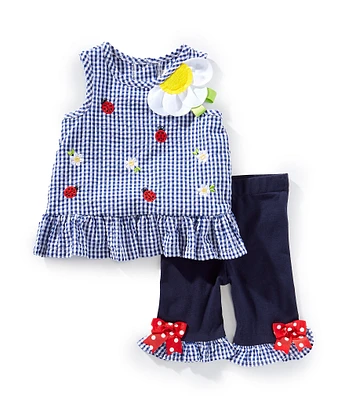Rare Editions Baby Girls Sleeveless Checked/Ladybug-Shiffli-Embroidered Tunic Top & Ruffle-Hem Knit Leggings Set