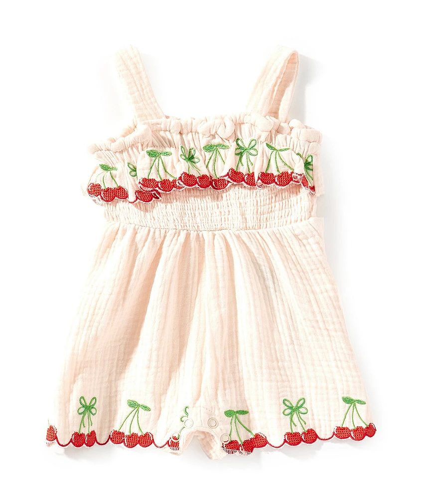 Rare Editions Baby Girls Sleeveless Cherry-Embroidered/Bow-Design Gauze Romper
