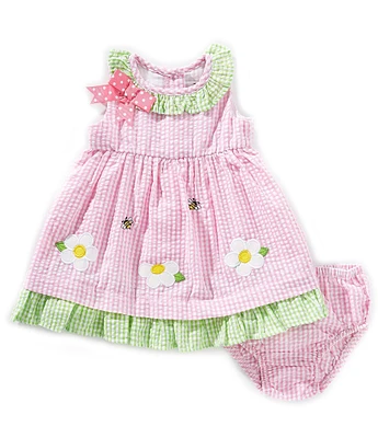 Rare Editions Baby Girls Sleeveless Daisy-Appliqued Checked Seersucker Fit-And-Flare Dress