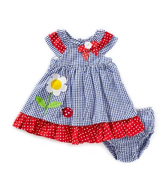 Rare Editions Baby Girls Sleeveless Mixed-Media Ladybug-Appliqued Seersucker Fit-And-Flare Dress