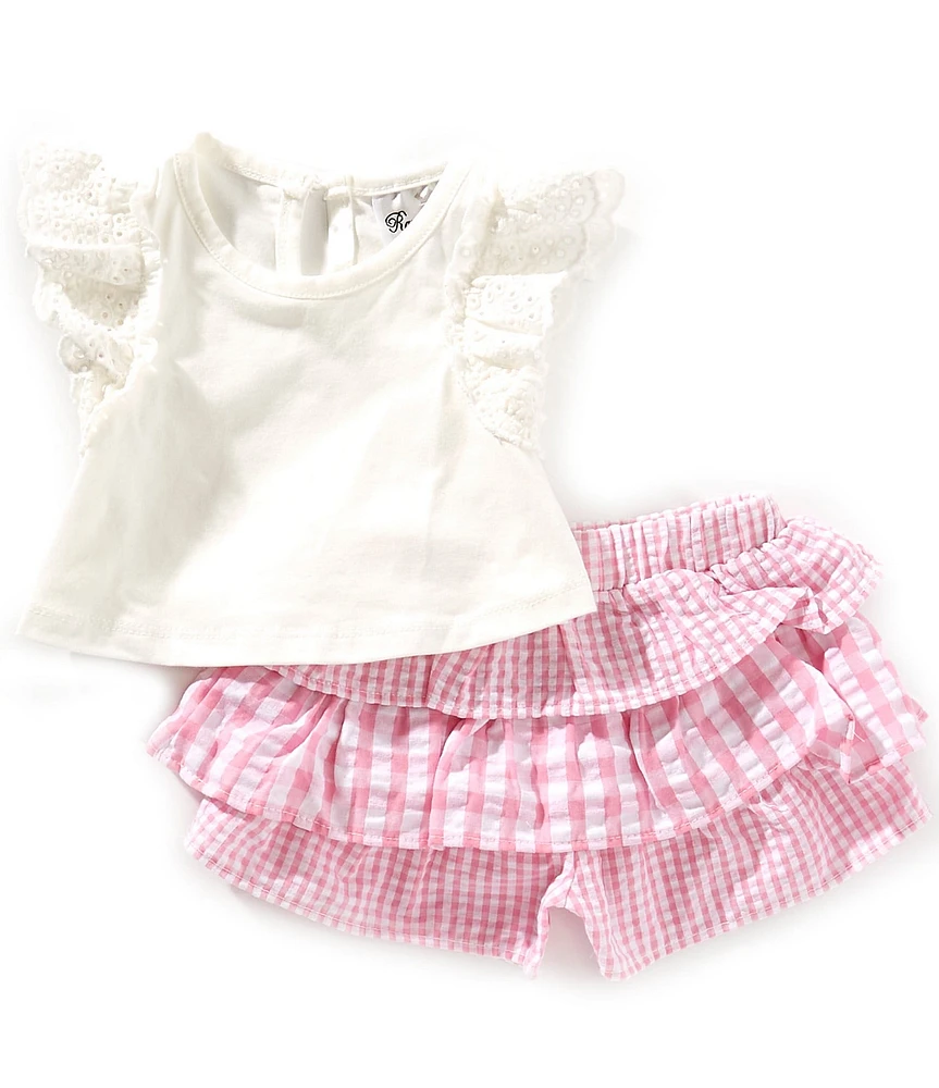 Rare Editions Baby Girls White Knit Flutter Sleeve Top & Pink Tiered Skort