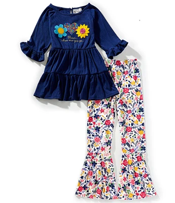Rare Editions Big Girls Long Sleeve Floral/Heart-Applique Rib-Knit Tunic Top & Floral-Printed Flare-Leg Knit Leggings Set