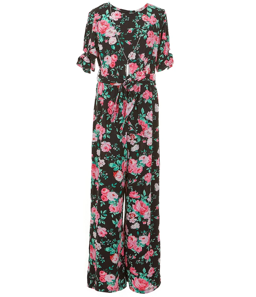 Rare Editions Big Girls 3/4-Sleeve Floral-Printed Rib-Knit Jumpsuit