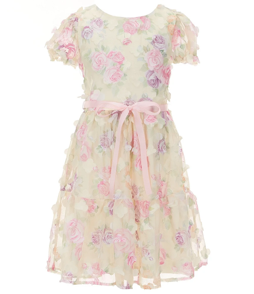 Rare Editions Big Girls Cap-Sleeve Floral-Printed/Floral-Appliqued Fit & Flare Dress