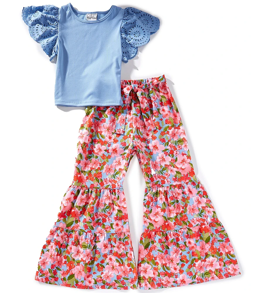 Rare Editions Big Girls Eyelet-Embroidered-Sleeve Knit Top & Floral-Printed Linen-Blend Palazzo Pant Set