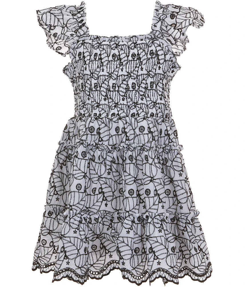 Rare Editions Big Girls Eyelet Flutter Sleeve Smocked Scallop Hem Dress