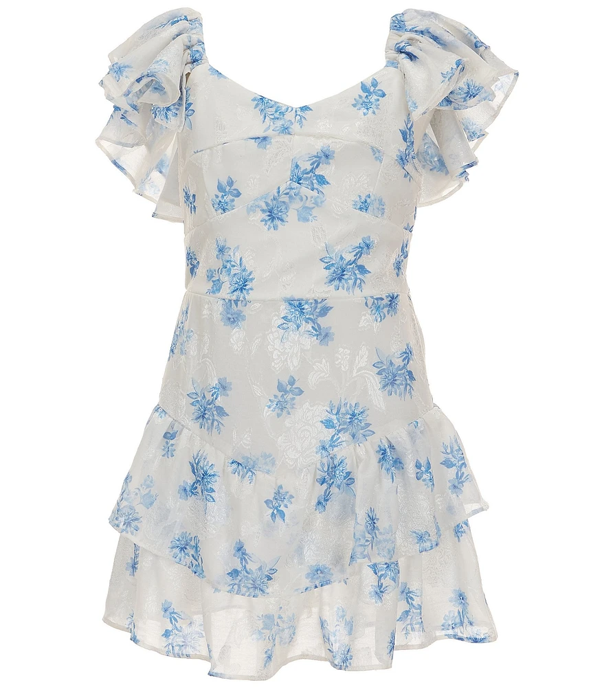 Rare Editions Big Girls Floral Print Short Sleeve V-Waist Ruffle Dress