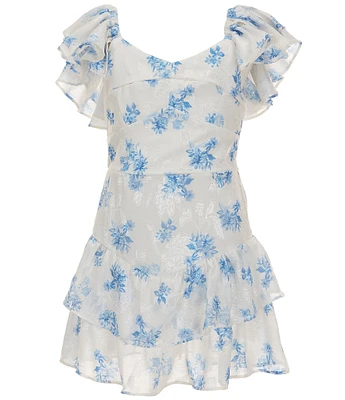 Rare Editions Big Girls Floral Print Short Sleeve V-Waist Ruffle Dress