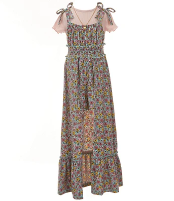 Rare Editions Big Girls Floral-Printed Skirted Romper & Solid Short-Sleeve T-Shirt Set