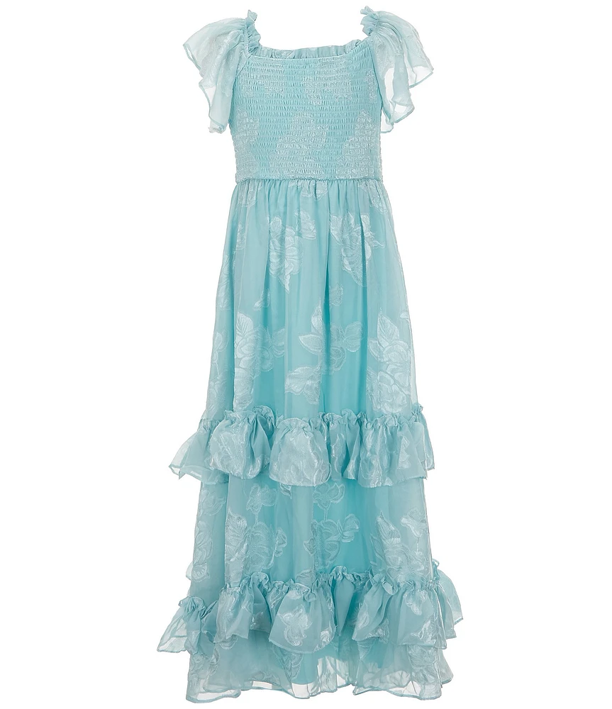Rare Editions Big Girls Flutter-Sleeve Burnout Chiffon Tiered Long Dress