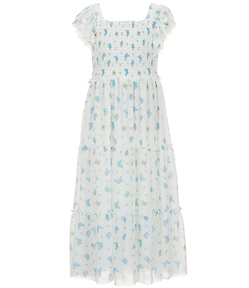 Rare Editions Big Girls Flutter-Sleeve Butterfly-Printed Power Mesh Long Dress