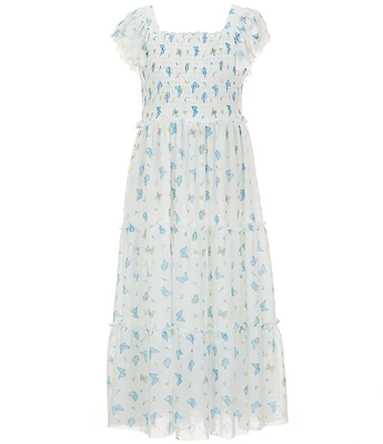 Rare Editions Big Girls Flutter-Sleeve Butterfly-Printed Power Mesh Long Dress