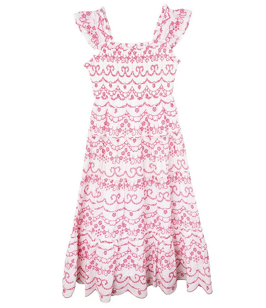 Rare Editions Big Girls Flutter-Sleeve Eyelet-Embroidered Patterned Midi Dress