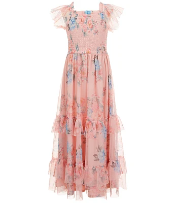 Rare Editions Big Girls Flutter-Sleeve Floral-Printed Mesh Long Dress