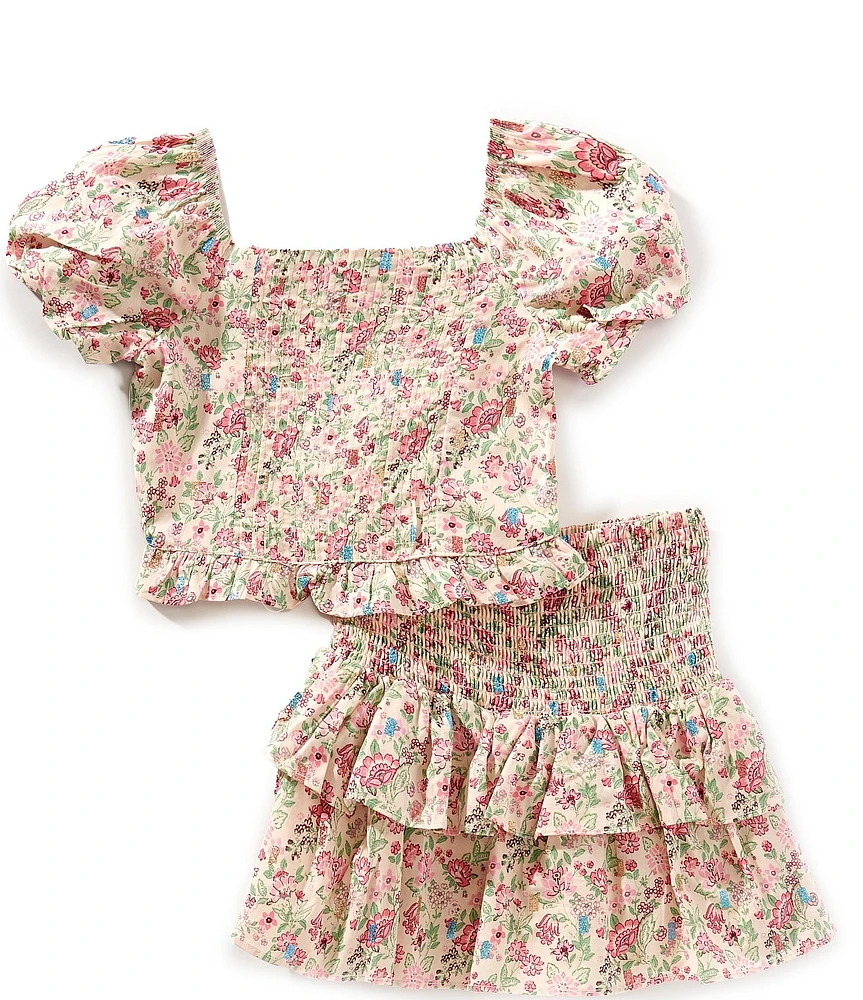 Rare Editions Big Girls Flutter-Sleeve Floral-Printed Peplum-Hem Top & Matching Skirt Set