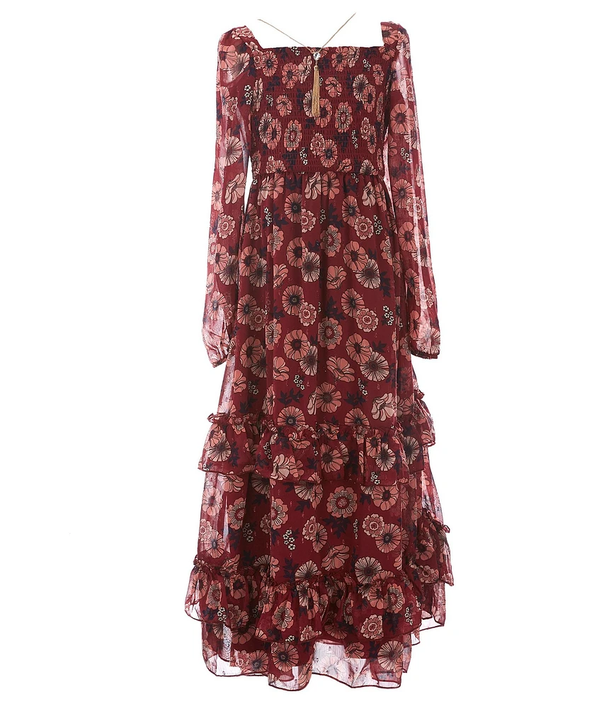 Rare Editions Big Girls Long-Sleeve Printed Chiffon Long Dress & Tassel Necklace