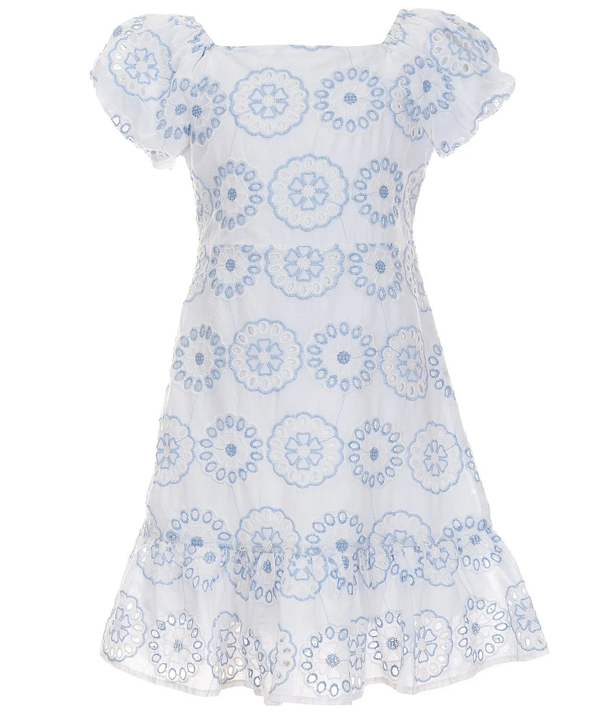 Rare Editions Big Girls Puffed Sleeve Floral Eyelet-Embroidered A-Line Dress