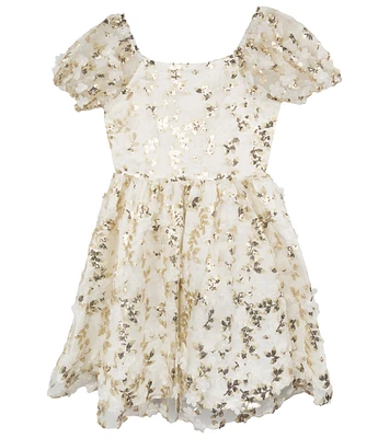 Rare Editions Big Girls Puffed-Sleeve Sequin-Embellished Floral-Soutache-Embroidered Fit-And-Flare Dress