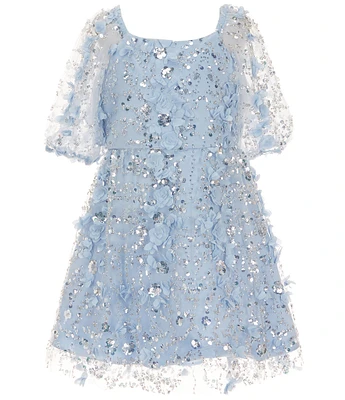 Rare Editions Big Girls Puffed-Sleeve Soutache-Floral-Embroidered Mesh Fit & Flare Dress