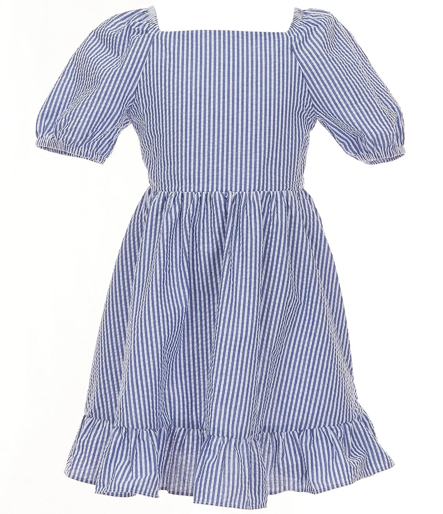 Rare Editions Big Girls Puffed-Sleeve Striped Seersucker Fit-And-Flare Dress