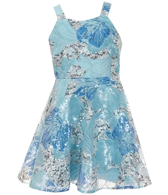 Rare Editions Big Girls Sequin-Embellished Floral-Embroidered Mesh Fit & Flare Dress