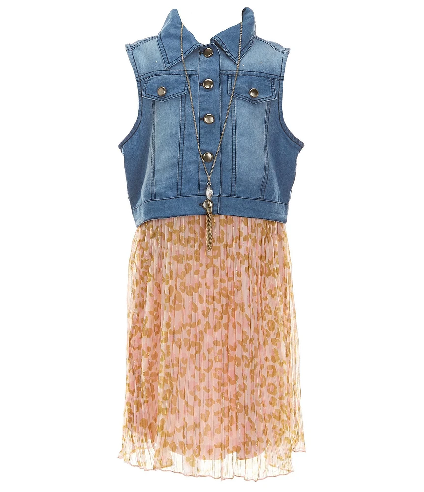 Rare Editions Big Girls Sleeveless Denim Vest & Sleeveless Floral-Printed Pleated Chiffon Dress