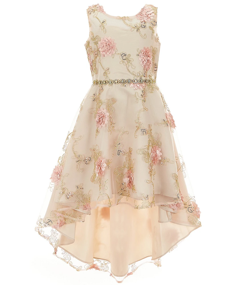 Rare Editions Big Girls Sleeveless Floral-Embroidered Soutache High-Low-Hem Fit-And-Flare Dress