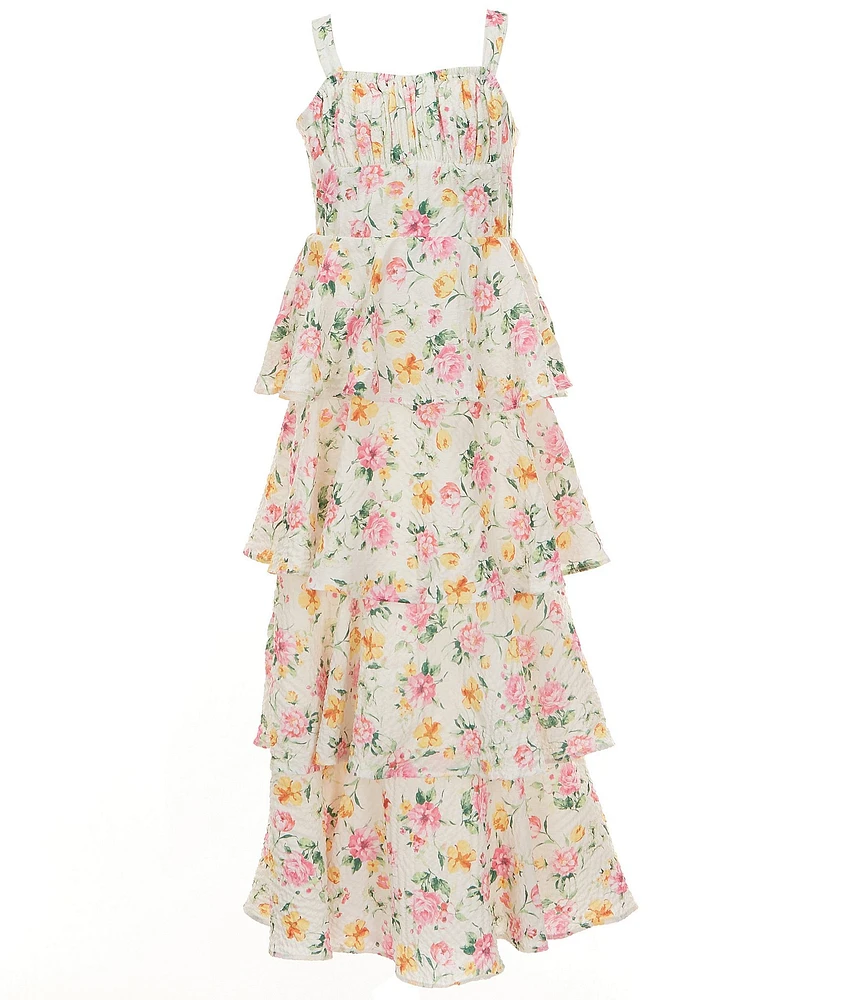 Rare Editions Big Girls Sleeveless Floral-Printed Shirred Ruffled Long Dress