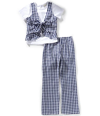 Rare Editions Big Girls Sleeveless Gingham-Printed Tie-Front Tank Top & Matching Pants & Solid Short-Sleeve T-Shirt Set