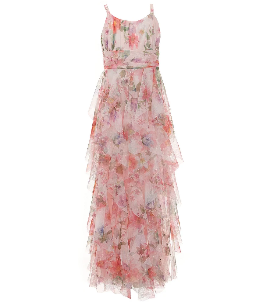 Rare Editions Big Girls Sleeveless Glitter-Accented Floral-Printed Cascading-Skirted Long Mesh Dress