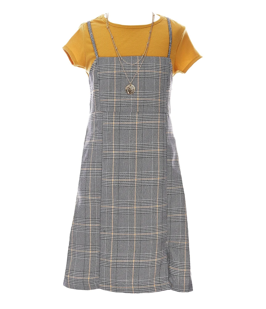 Rare Editions Big Girls Sleeveless Plaid Challis Jumper Dress, Short-Sleeve Knit Top, Necklace & Hair Bow 4-Piece Set