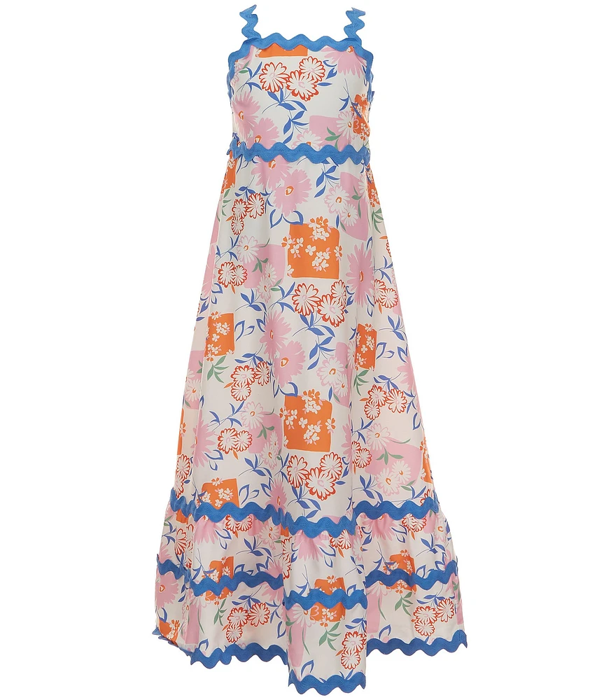 Rare Editions Big Girls Sleeveless Printed Sateen Ricrac-Trim Long Dress