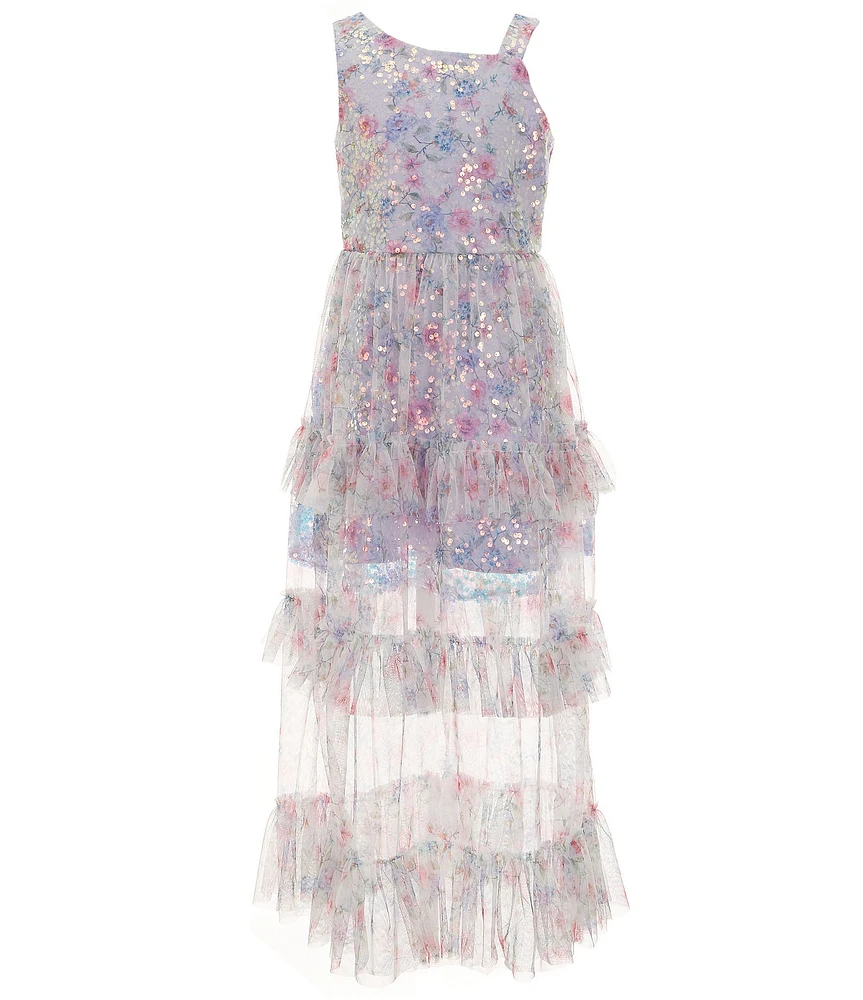 Rare Editions Big Girls Sleeveless Sequin-Embellished Floral Tiered Long Dress