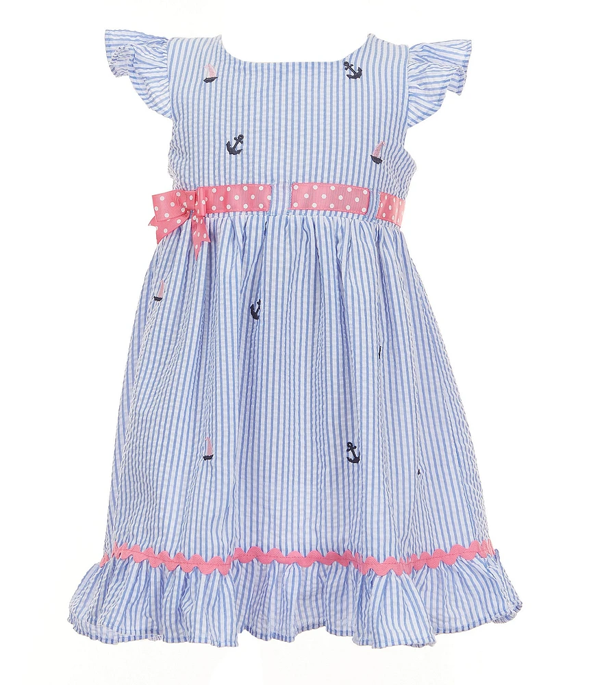 Rare Editions Little Girls Flutter-Sleeve Boat/Anchor-Shiffli-Embroidered Checked Seersucker Fit-And-Flare Dress