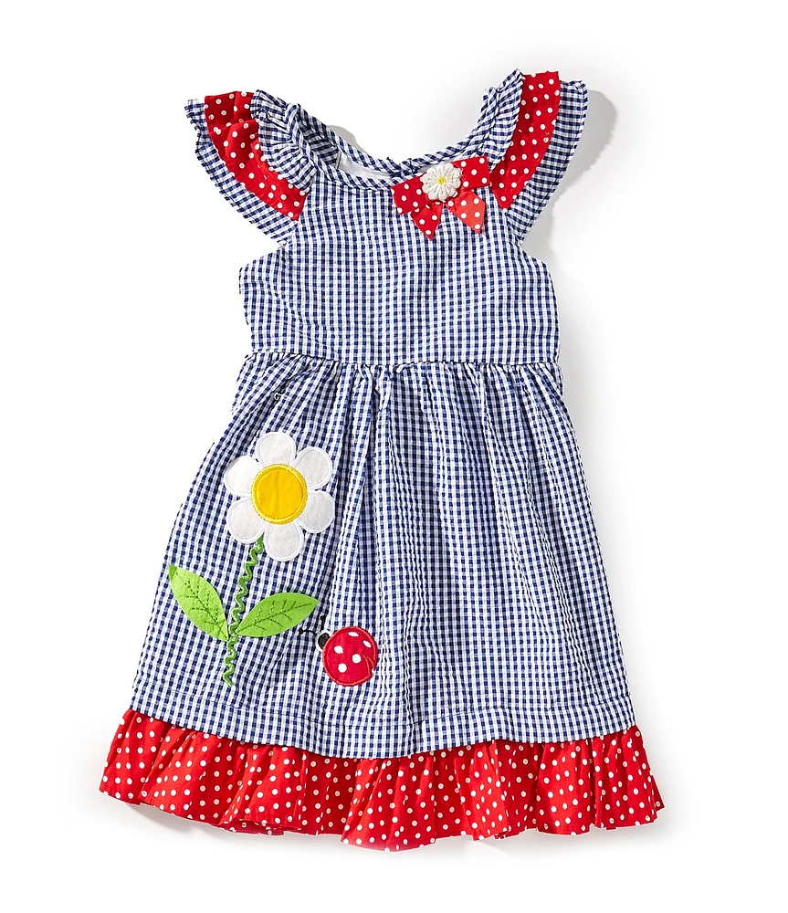 Rare Editions Little Girls Flutter-Sleeve Daisy/Ladybug-Appliqued Gingham Seersucker Fit-And-Flare Dress