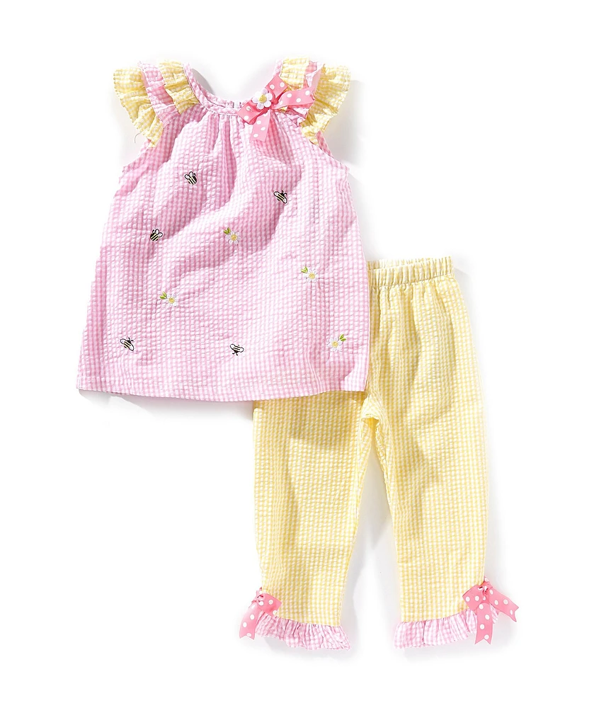 Rare Editions Little Girls Flutter-Sleeve Striped/Schiffli-Bee-Embroidered Tunic Top & Coordinating Striped Pant Set