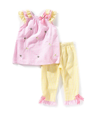 Rare Editions Little Girls Flutter-Sleeve Striped/Schiffli-Bee-Embroidered Tunic Top & Coordinating Striped Pant Set