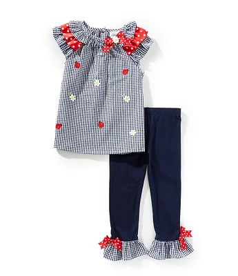 Rare Editions Little Girls Short-Sleeve Checked Seersucker Tunic & Ruffle-Hem Leggings Set