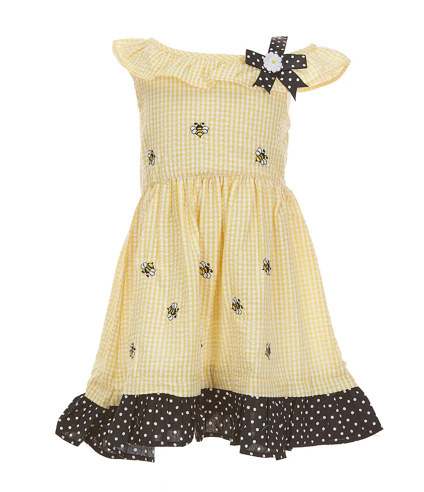 Rare Editions Little Girls Sleeveless Bumblebee-Appliqued Gingham Seersucker Fit-And-Flare Dress