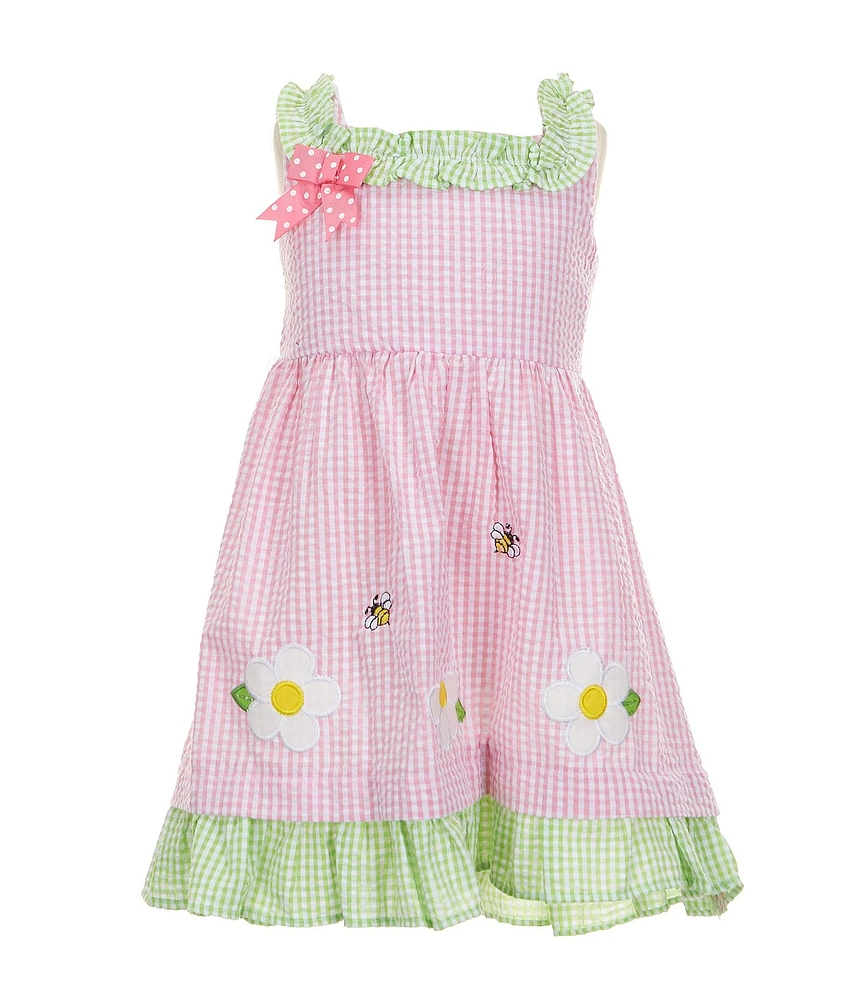Rare Editions Little Girls Sleeveless Daisy-Appliqued Checked Seersucker Fit-And-Flare Dress