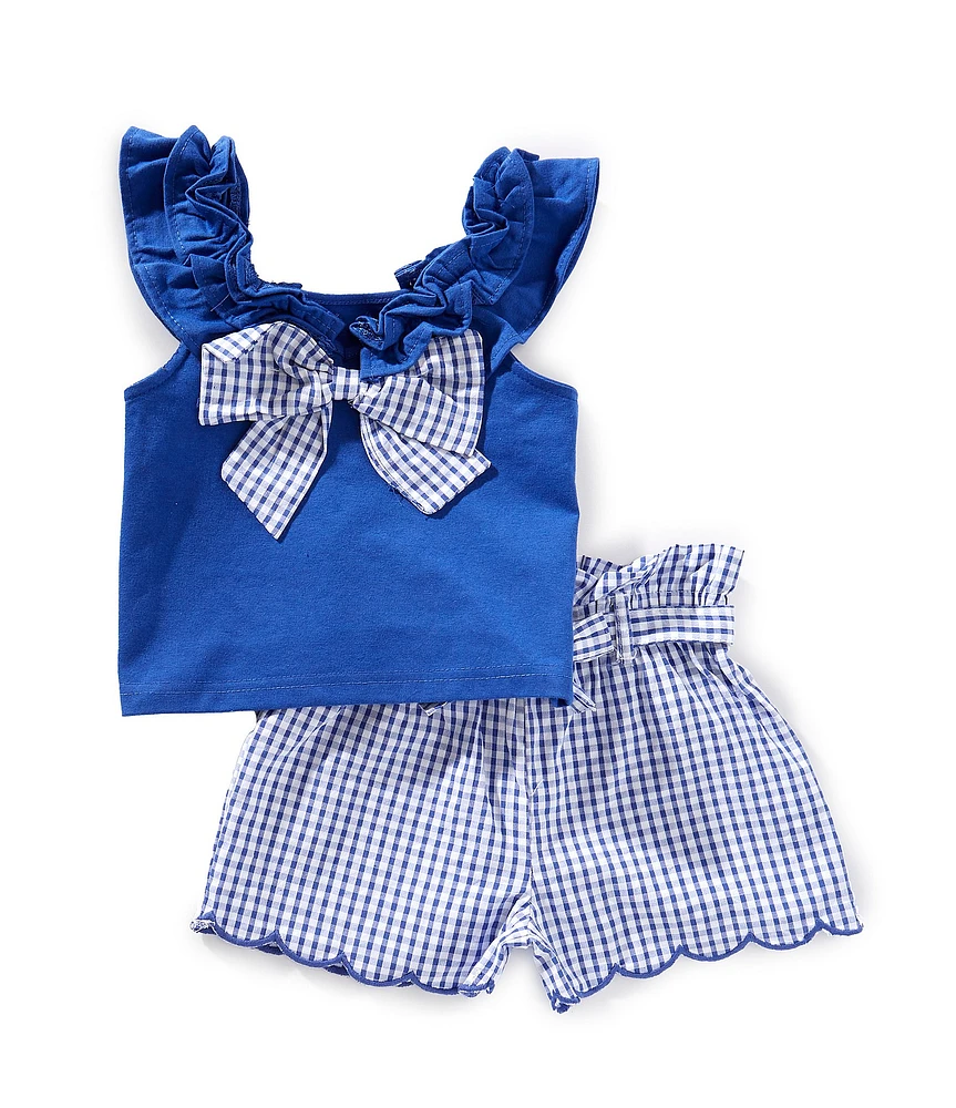 Rare Editions Little Girls Solid Knit Top & Seersucker Checked Short Set