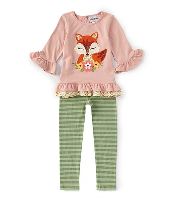 Rare Editions Little Girls 3/4-Sleeve Fox-Applique Tunic Top & Striped Leggings Set
